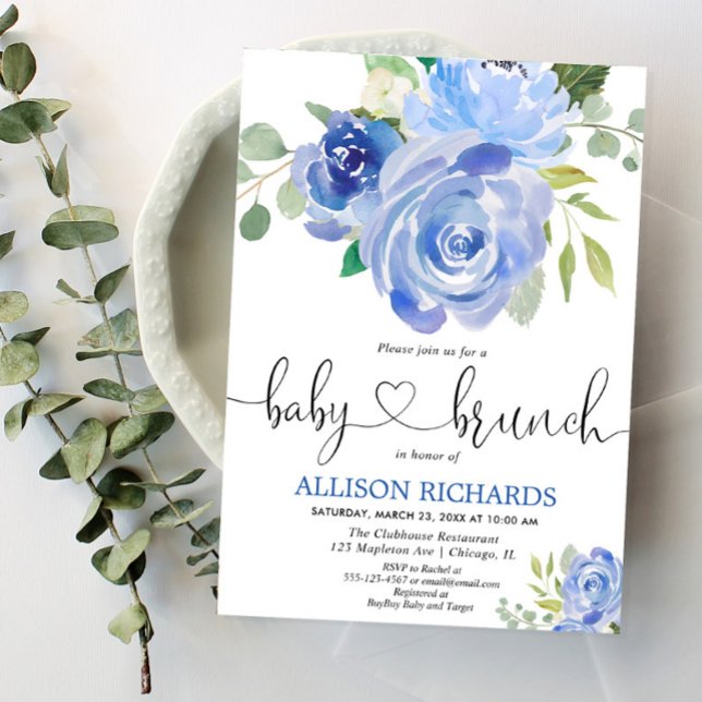 Baby brunch boy shower blue floral watercolors invitation (Creator Uploaded)