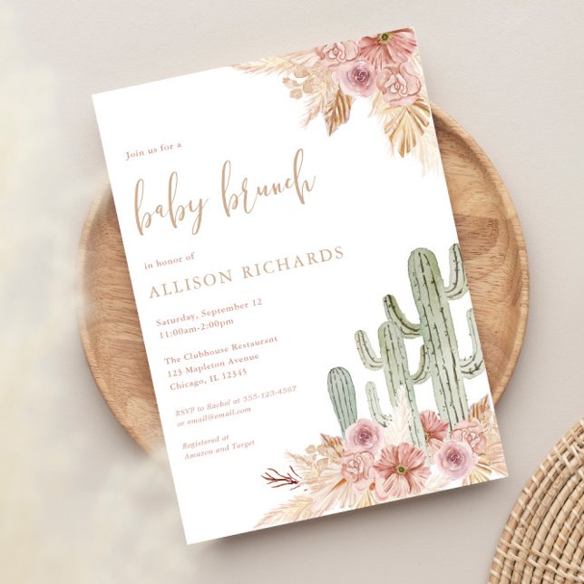 Baby brunch cactus pink floral girl baby shower invitation (Creator Uploaded)