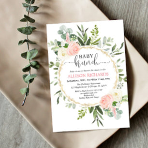Baby brunch pink gold greenery girl baby shower invitation