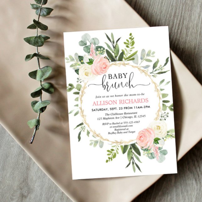 Baby brunch pink gold greenery girl baby shower invitation (Creator Uploaded)