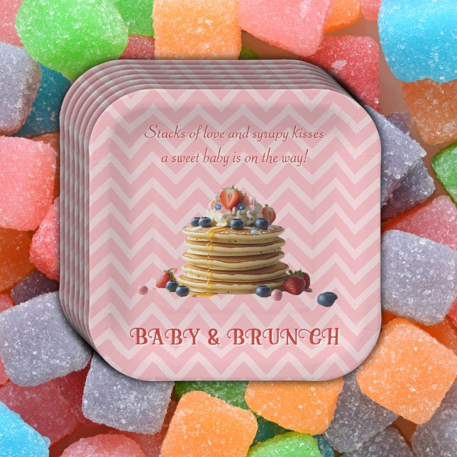 Baby & Brunch Pink Strawberry Pancakes Baby Shower Paper Plate (Creator Uploaded)