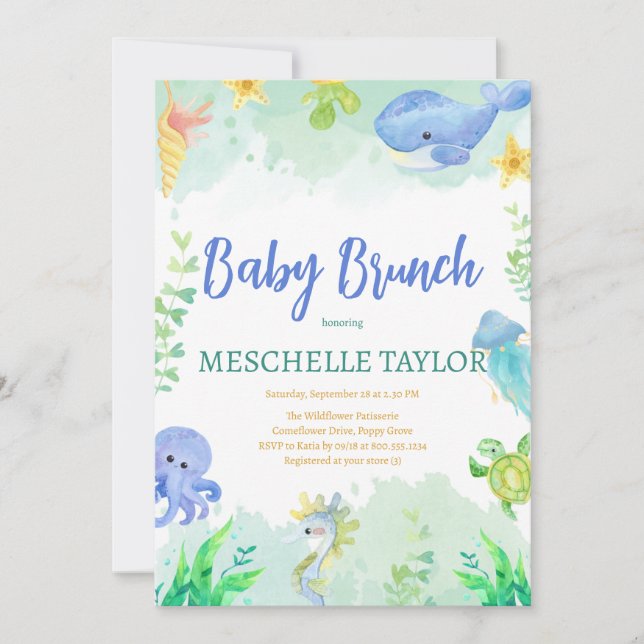 Baby Brunch Under the Sea Blue Green Baby Shower Invitation (Front)