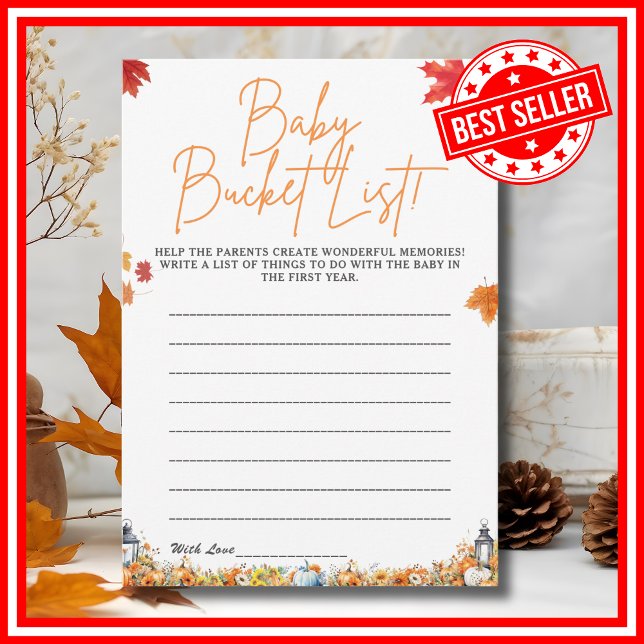 BABY BUCKET LIST Baby Shower Game Cute Bear Invitation (BABY BUCKET LIST Easy Baby Shower Game A Little Pumpkin is on the Way Fall Autumn Theme )