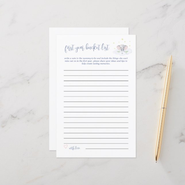 Baby Bucket List Game Elephant Baby Shower Blue (Front/Back In Situ)