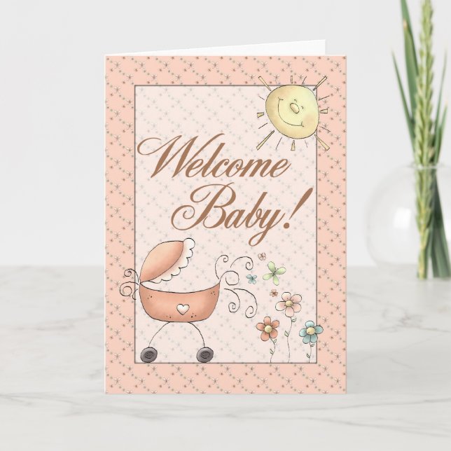 Baby Buggy Subtle Floral Welcome Baby Card (Front)