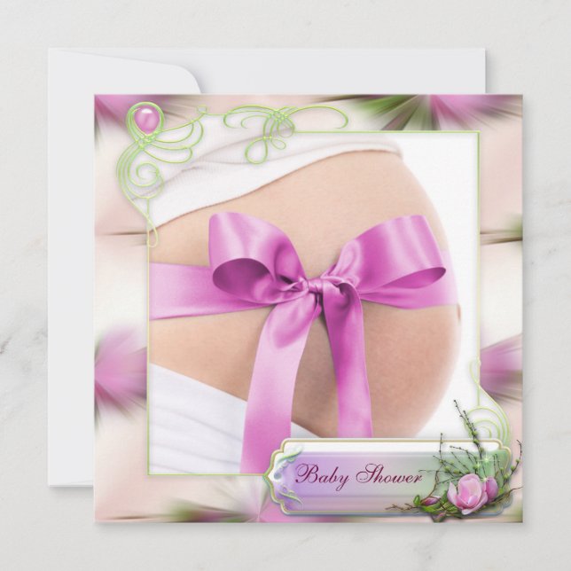 Baby Bump with Pink Bow Pink Magnolia Baby Shower Invitation (Front)