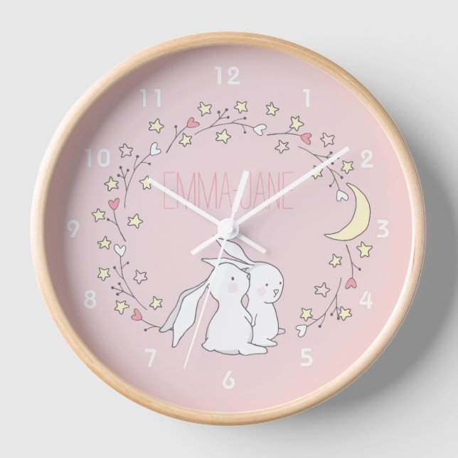 Baby Bunnies in a Wreath - Cute Personalised Kids  Clock (Front)