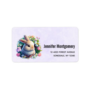 Baby Bunny among Colourful Spring Flowers Easter Label