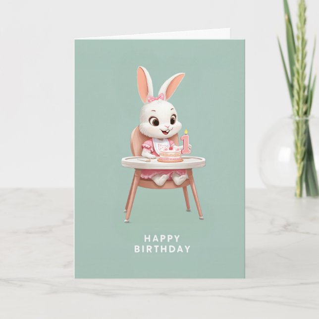 Baby Bunny Girl in High Chair 1st Birthday Cake Card (Front)