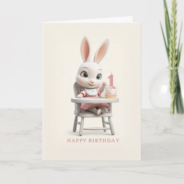 Baby Bunny Girl in High Chair 1st Birthday Cake Card (Front)