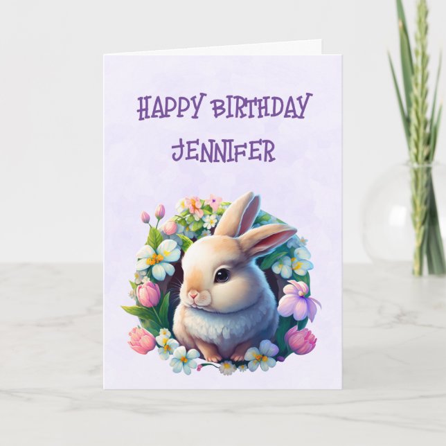 Baby Bunny in Colourful Spring Flowers Birthday Card (Front)
