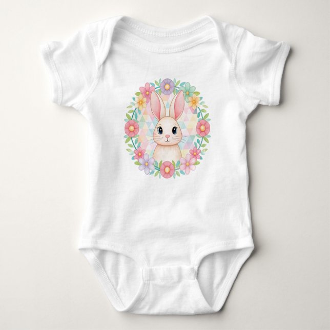 Baby Bunny in Floral Wreath Baby Bodysuit (Front)
