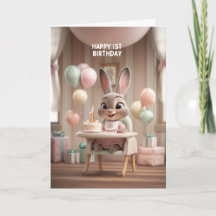 Baby Bunny in High Chair w/ Balloons 1st Birthday Card