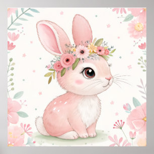 Baby Bunny Princess with Floral Crown – Soft Pink Poster