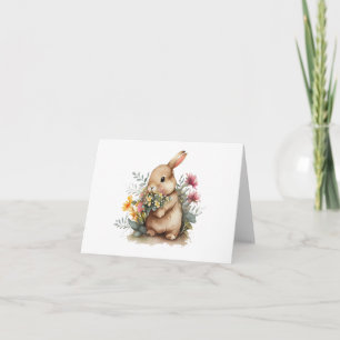 Baby Bunny Rabbit with Purple Yellow Flowers BLANK Card
