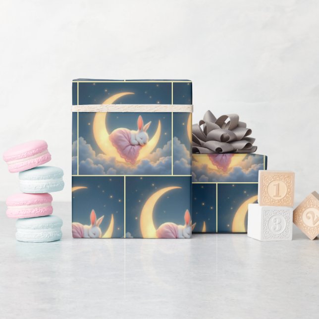 Baby Bunny Sleeping On Crescent Moon Wrapping Paper (Baby Shower)