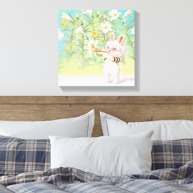Baby Bunny Trumpet Player with Bird in Lily Garden Canvas Print (Insitu(Bedroom))