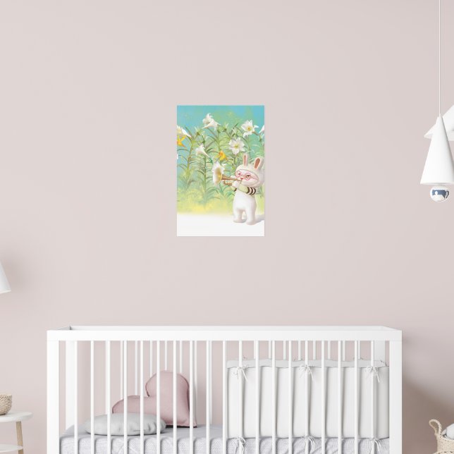 Baby Bunny Trumpet Player with Bird in Lily Garden Poster (Nursery 2)
