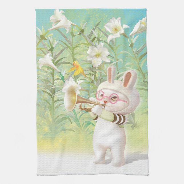 Baby Bunny Trumpet Player with Bird in Lily Garden Tea Towel (Vertical)