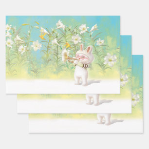 Baby Bunny Trumpet Player with Bird in Lily Garden Wrapping Paper Sheet