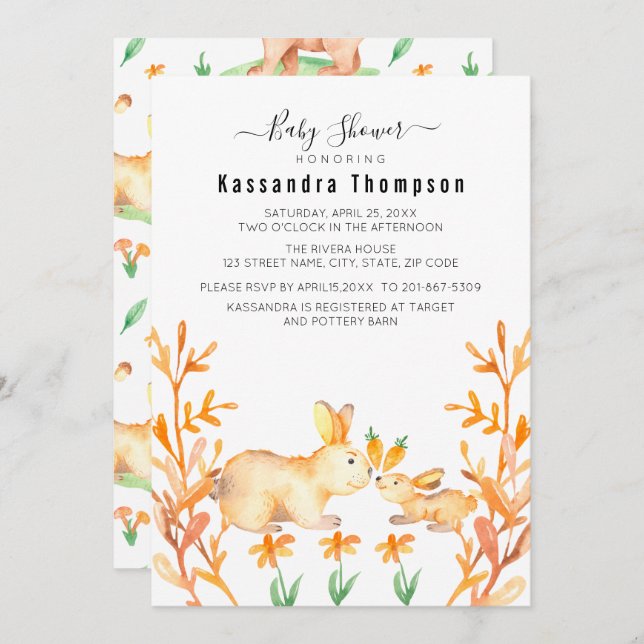 Baby Bunny With Mother Dangling Carrot Baby Shower Invitation (Front/Back)