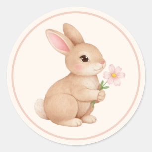 Baby Bunny with Pink Flower  Classic Round Sticker