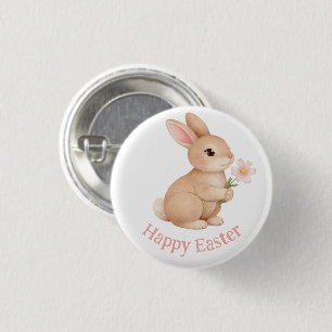 Baby Bunny with Pink Flower Happy Easter 3 Cm Round Badge