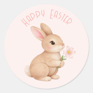 Baby Bunny with Pink Flower Happy Easter Classic Round Sticker