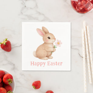 Baby Bunny with Pink Flower Happy Easter Napkin