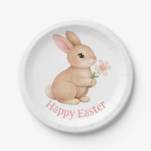 Baby Bunny with Pink Flower Happy Easter Paper Plate