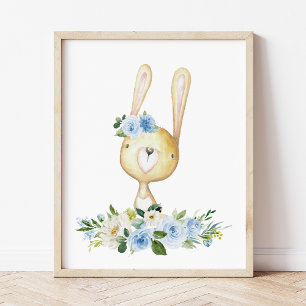Baby Bunny, Woodland Animals, Boho, Blue Flowers Photo Print
