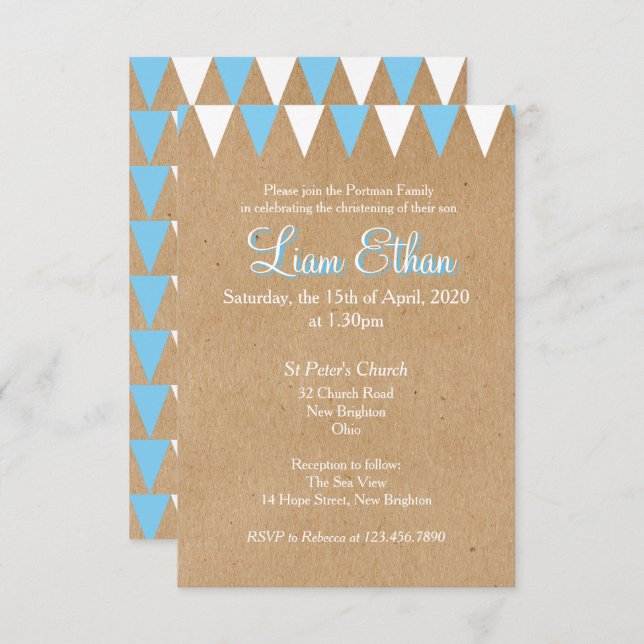 Baby Bunting Blue Baptism Christening Invitation (Front/Back)