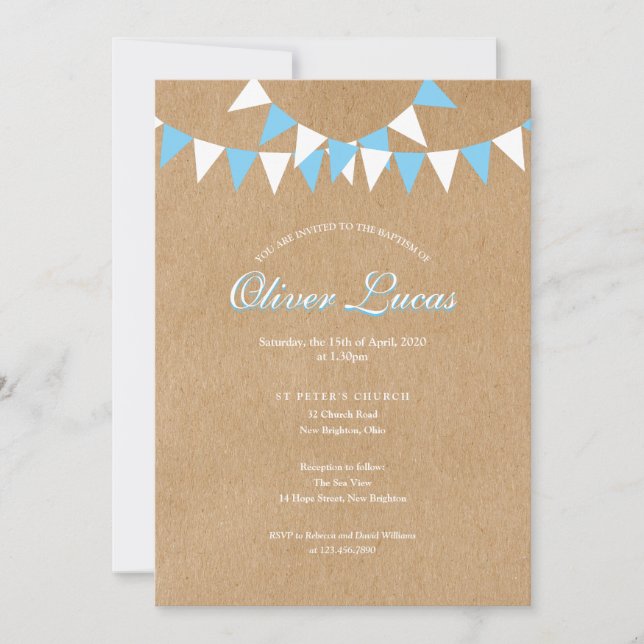 Baby Bunting Blue Baptism Christening Rustic Invitation (Front)
