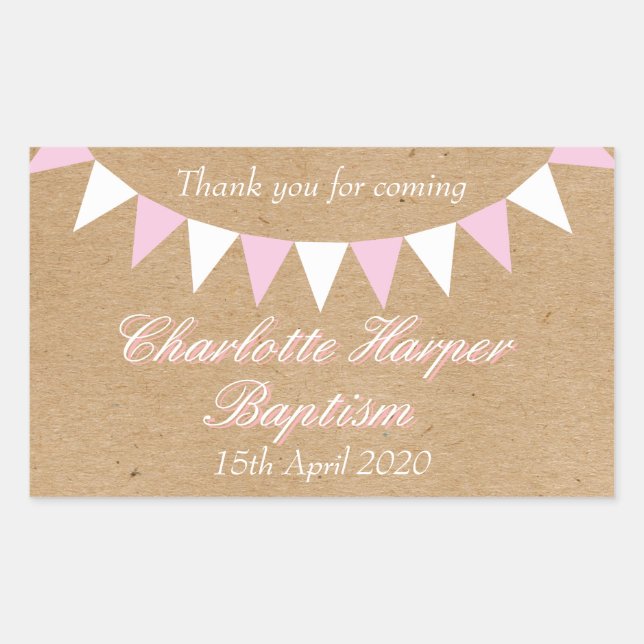 Baby Bunting Pink Baptism Christening Favour Rectangular Sticker (Front)