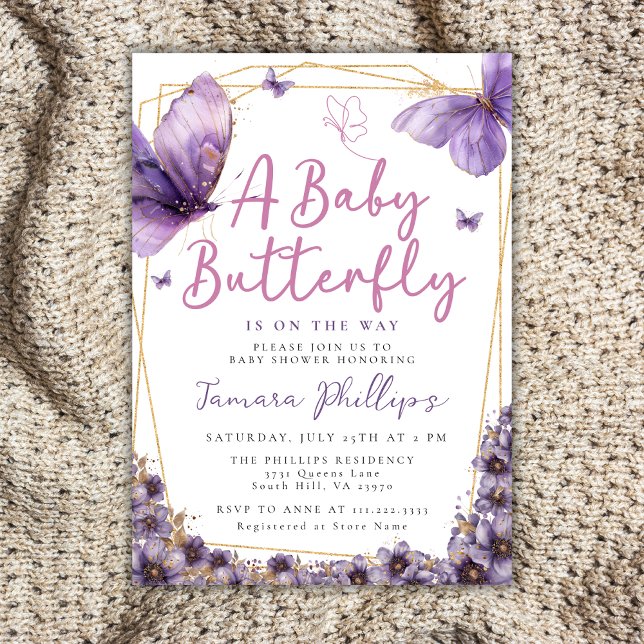 Baby Butterfly Is On The Way Purple Baby Shower Invitation (Creator Uploaded)