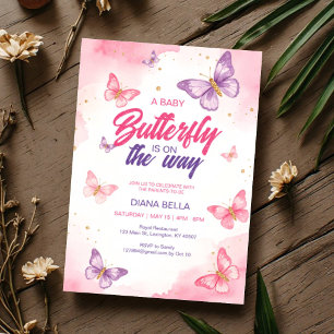 Baby Butterfly On The Way Pink Purple Watercolor Invitation