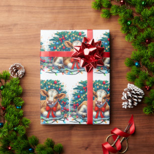 Baby Calf Laying By Christmas Tree Wrapping Paper