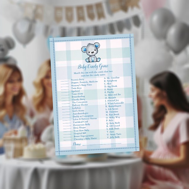 Baby Candy Cute Grey Bear Boy Plaid Shower Game Invitation (Creator Uploaded)
