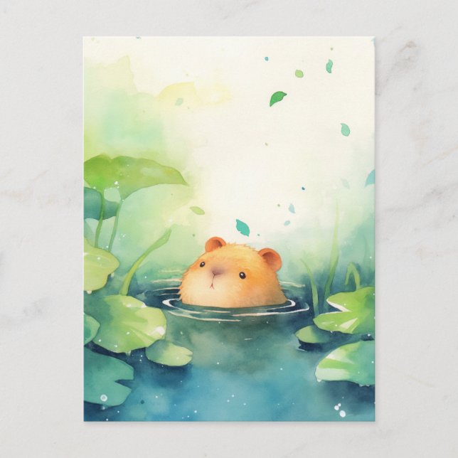 Baby Capybara Peeking Out of Calm Green Lily Pad Postcard (Front)