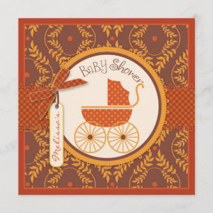 Baby Carriage Autumn Damask Print Girl Baby Shower Invitation
