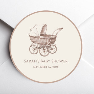 Baby Carriage Brown Ivory Vintage Pram Baby Shower Classic Round Sticker