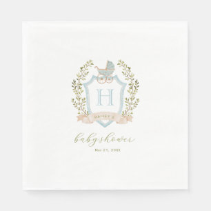 Baby Carriage Crest Monogram Blue Baby Shower Napkin