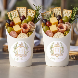 Baby Carriage Crest Monogram   Neutral Baby Shower Classic Round Sticker