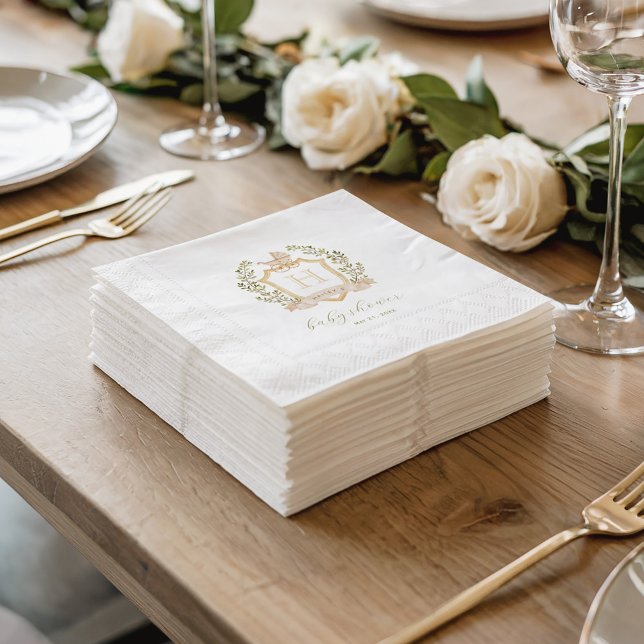 Baby Carriage Crest Monogram | Neutral Baby Shower Napkin (Simulation of a stack of napkins. Actual napkins have a coined textured border.)