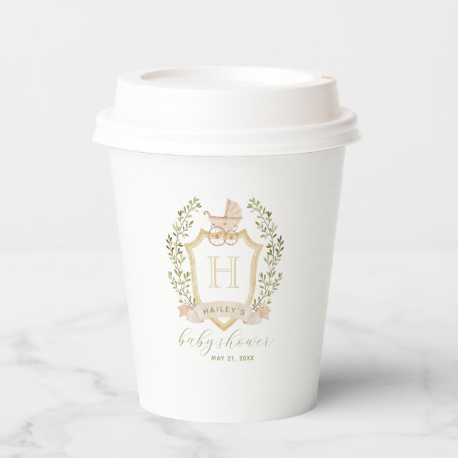 Baby Carriage Crest Monogram | Neutral Baby Shower Paper Cups (Front)
