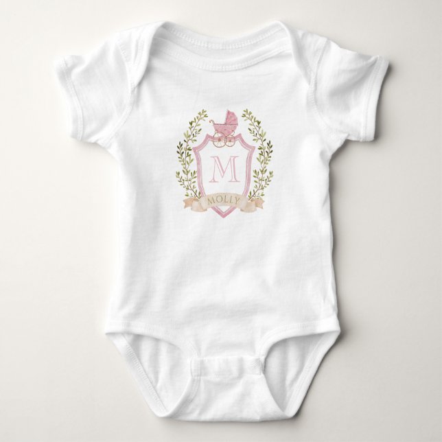 Baby Carriage Crest Monogram | Pink Baby Shower Bodysuit (Front)