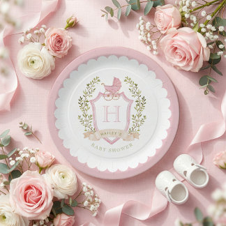 Baby Carriage Crest Monogram | Pink Baby Shower Paper Plate