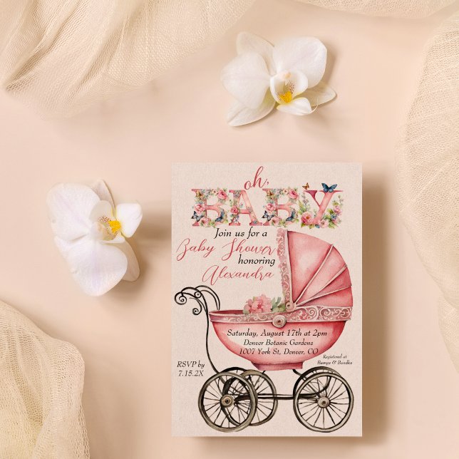 Baby Carriage Girl Baby Shower Invitation (Creator Uploaded)