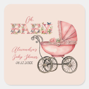 Baby Carriage Girl Baby Shower Square Sticker