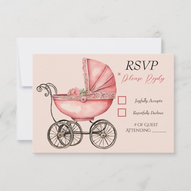 Baby Carriage Girls Baby Shower RSVP Card (Front)